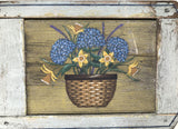 Daffodils and Hydrangeas on antique shutter