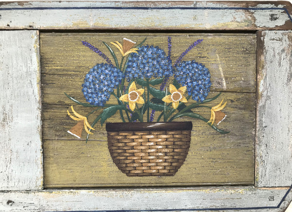 Daffodils and Hydrangeas on antique shutter