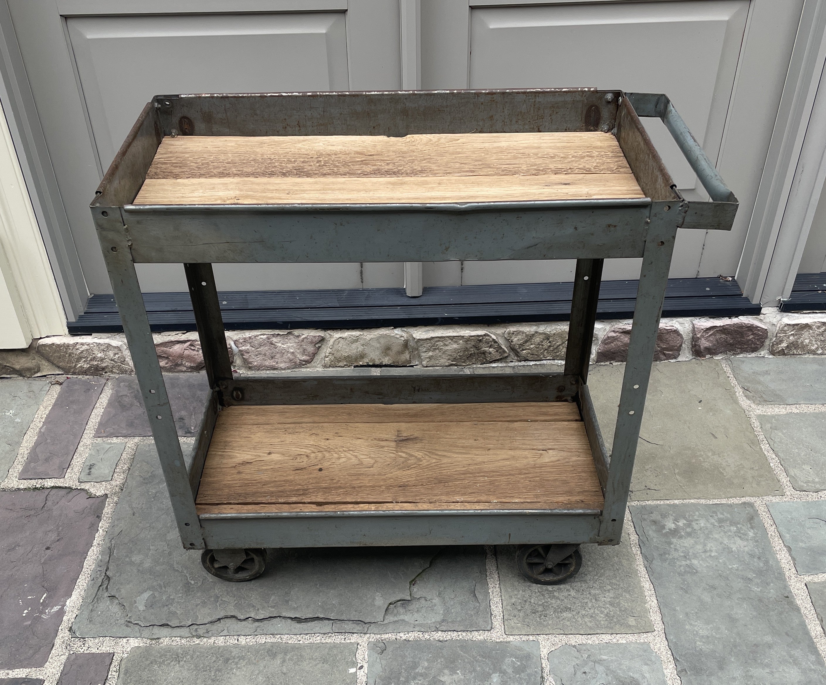 Pair of Vintage Industrial Bar Carts – Upcycled with Reclaimed Wood