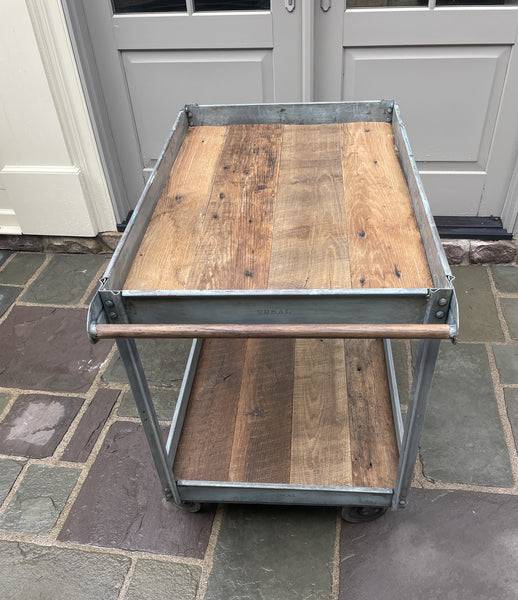 Pair of Vintage Industrial Bar Carts – Upcycled with Reclaimed Wood