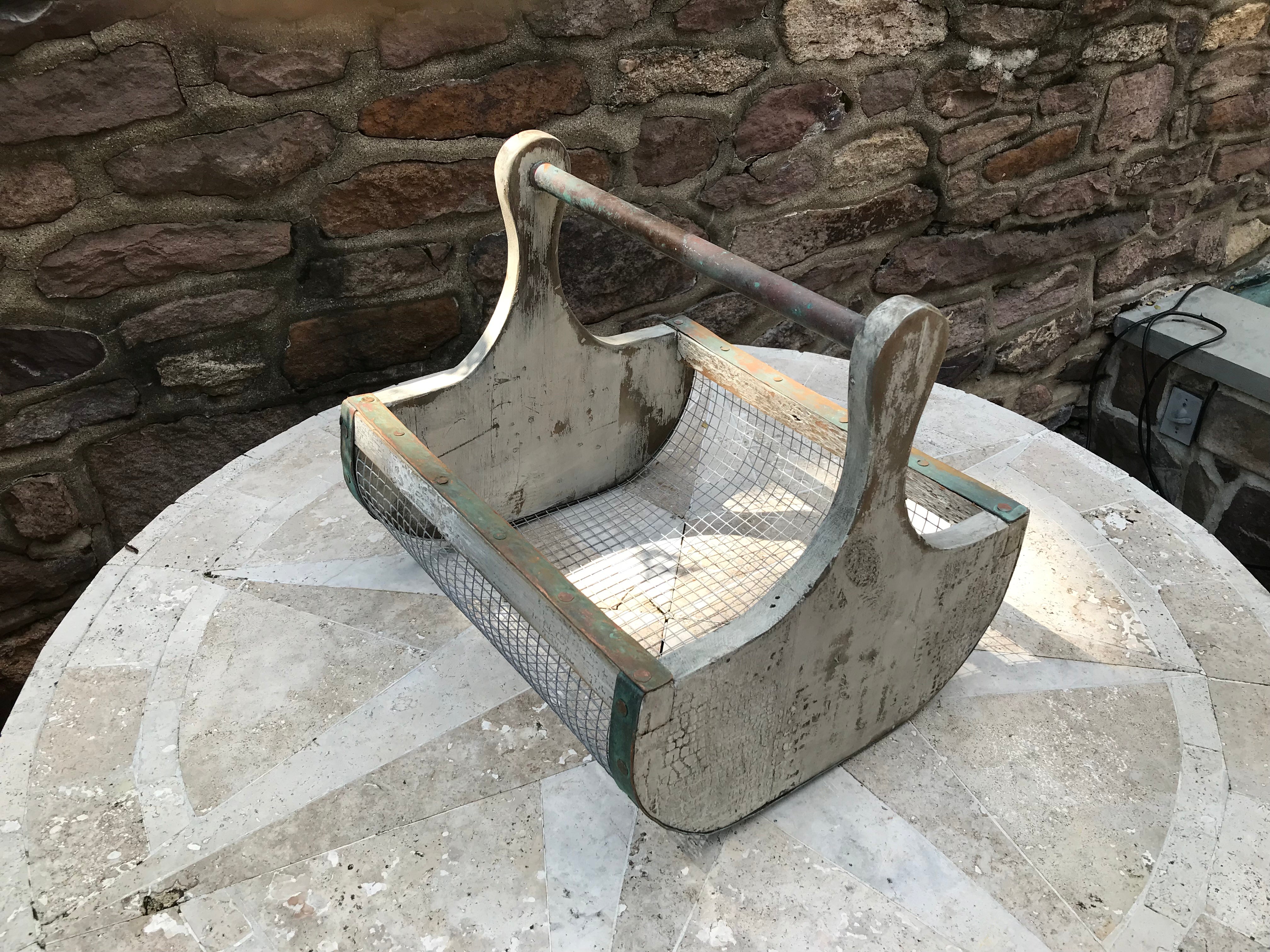 Handmade Garden Hod Mesh & Wood Harvest Basket with Copper Accents