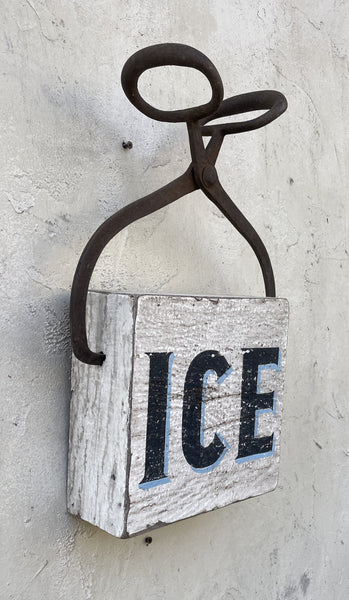 ICE sign with vintage Ice Tongs